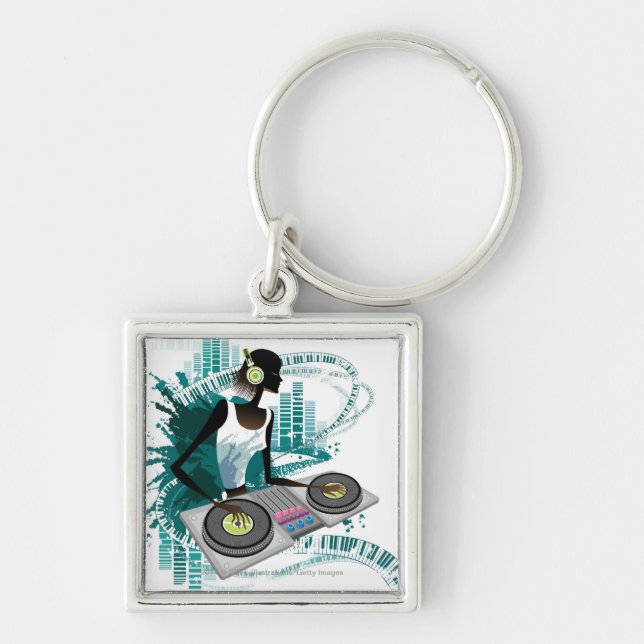 Young woman Dj Using Turntable in Nightclub Key Ring (Front)