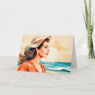 Young woman enjoying the sunshine at the coast card