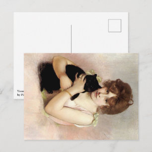 Young Woman Holding Black Cat Ballerina Painting Holiday Postcard