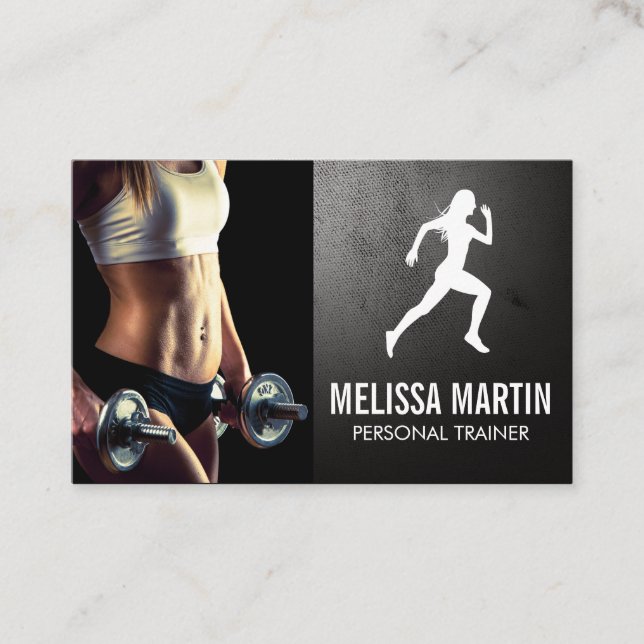 Young Woman Holding Dumbbells | Fitness Logo Business Card (Front)