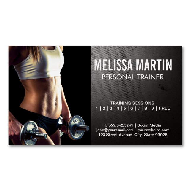 Young Woman Holding Dumbbells | Training Magnetic Business Card (Front)
