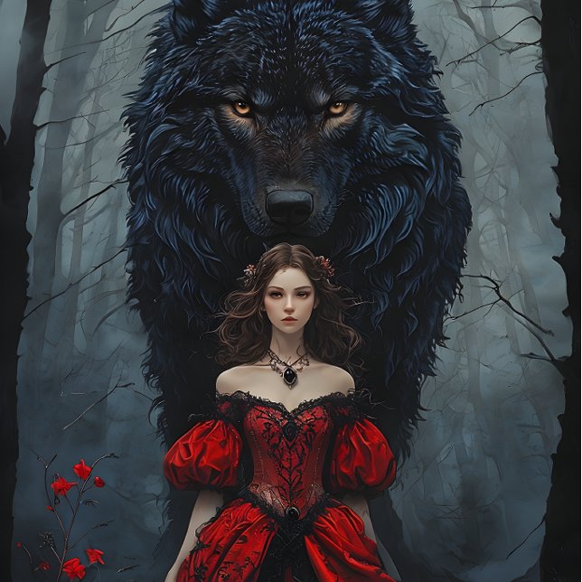 Young Woman In Red Gown With Black Wolf Guardian Tissue Paper (Creator Uploaded)