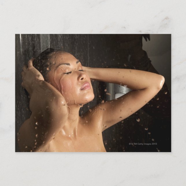 Young woman in shower postcard (Front)