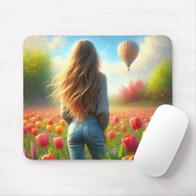 Young Woman In Tulip Field Mouse Pad (With Mouse)