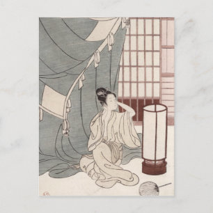 Young woman kneeling by her mosquito net, 1766 postcard