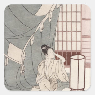 Young woman kneeling by her mosquito net, 1766 square sticker