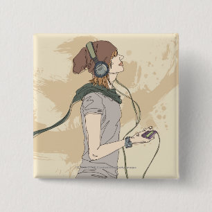 Young woman listening music 15 cm square badge