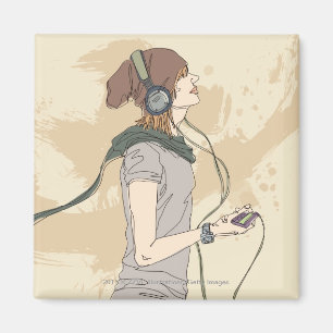 Young woman listening music magnet