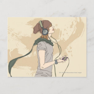 Young woman listening music postcard