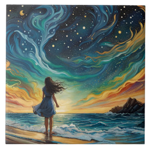 Young woman looks to the stars in the sea ceramic tile