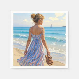 Young Woman On the Beach Looking At Sailboats Napkin