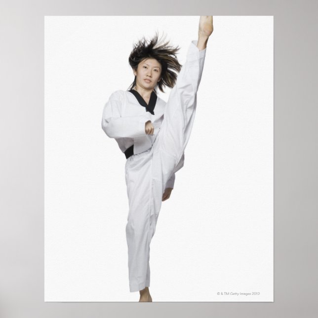 Young woman practicing kicking poster (Front)