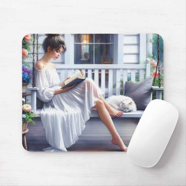 Young Woman Reading A Book Mouse Pad (With Mouse)
