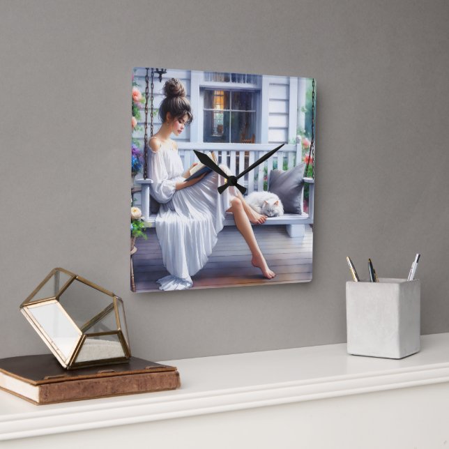 Young Woman Reading A Book With Cat Square Wall Clock (Office)