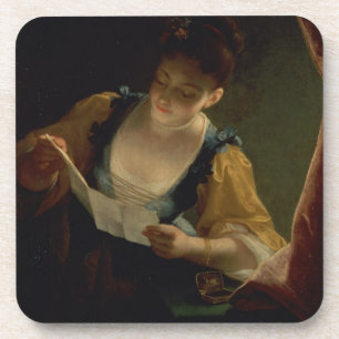 Young Woman Reading a Letter (oil on canvas) Coaster