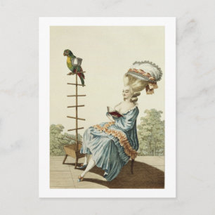 Young woman reading in a day dress with an elabora postcard