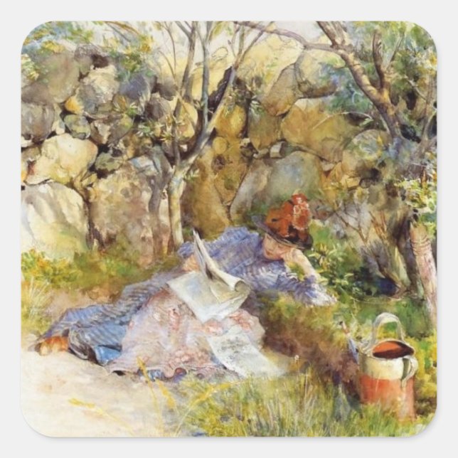 Young Woman Reading in the Shade Square Sticker (Front)
