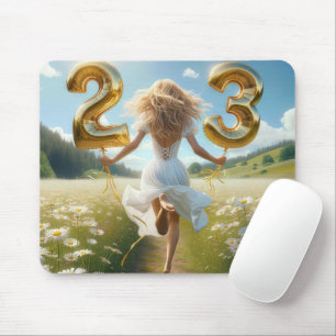 Young Woman Running With Birthday Balloons Mouse Pad