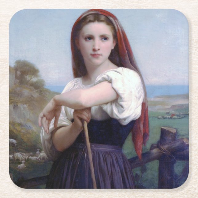 Young Woman Shepherdess, Bouguereau Square Paper Coaster (Front)