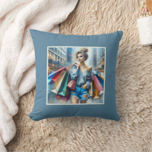 Young Woman Shopping In The Big City Cushion