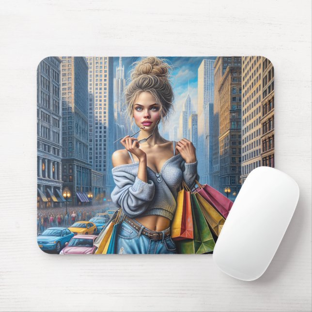 Young Woman Shopping In The Big City Mouse Pad (With Mouse)