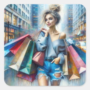 Young Woman Shopping In The Big City Square Sticker