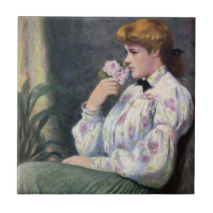 Young Woman Smelling Flower Fragrance (Reverie) Ceramic Tile