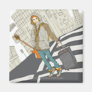 Young woman standing on street with luggage magnet