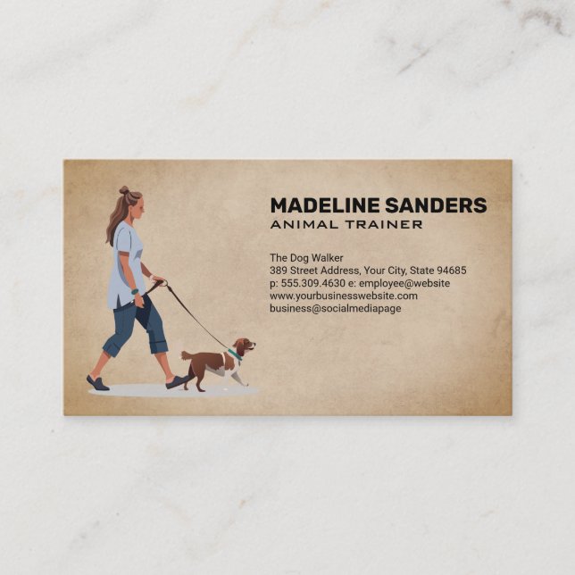 Young Woman Walking Beagle Dog Business Card (Front)