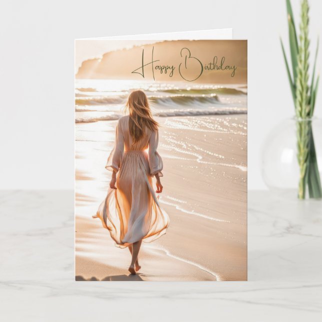 Young Woman Walking the Beach for Birthday Card (Front)