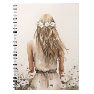 Young Woman Watercolor In Daisy Field Notebook