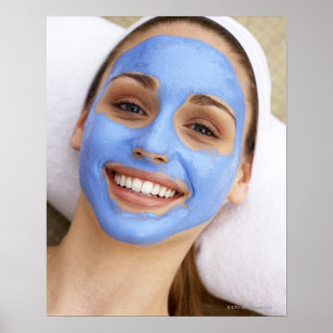 Young woman wearing facial mask, smiling, poster