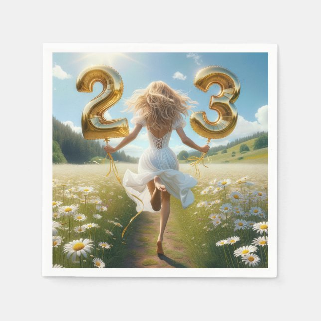 Young Woman With Balloons for 23rd Birthday Napkin (Front)