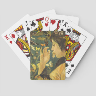 Young Woman With Beautiful Butterflies Playing Cards
