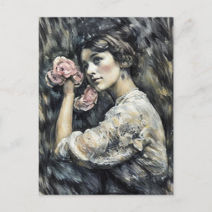 Young Woman with flowers pastel art painting Postcard