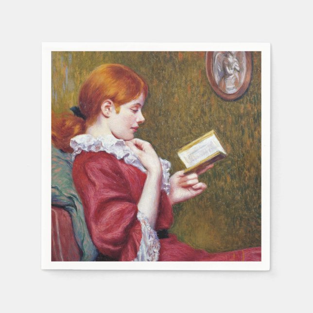 Young Woman With Red Hair Reading a Good Book Napkin (Front)
