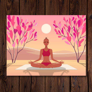Young Woman Yoga Meditation Padmasana Pink Golden Postcard