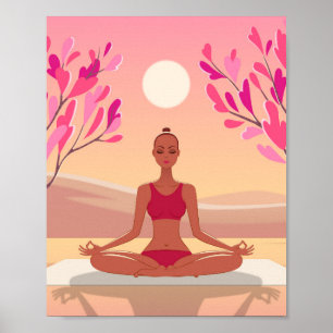 Young Woman Yoga Meditation Padmasana Pink Golden Poster