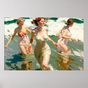 Young Women Playing in the Surf on a Sunny Day Poster