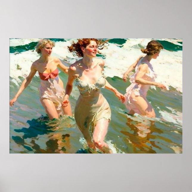 Young Women Playing in the Surf on a Sunny Day Poster (Front)
