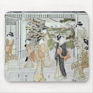 Young women with a basket of chrysanthemums mouse pad