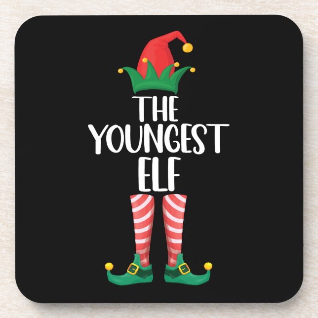 Youngest Elf Matching Family Christmas Party Coaster (Front)