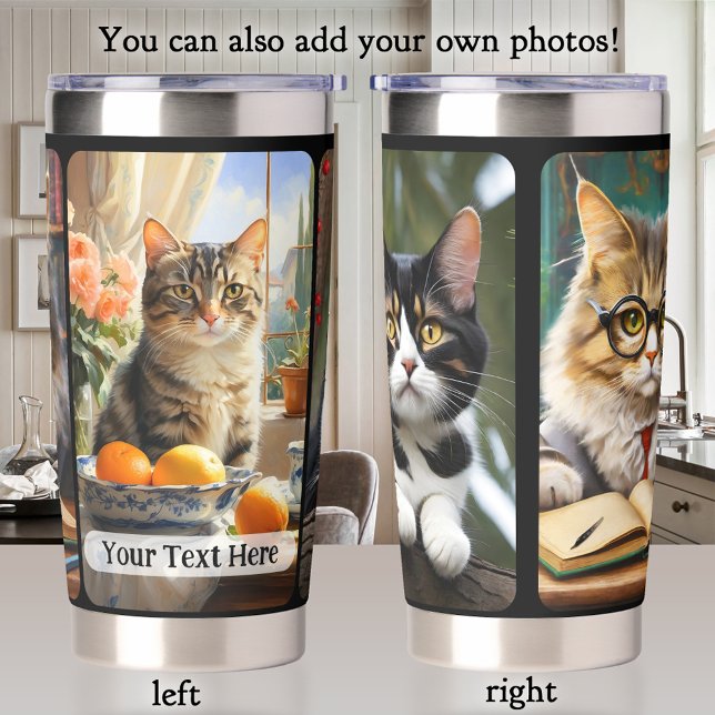 Your 3 Cat Photos Artistic  Insulated Tumbler (Insulated thermal tumbler featuring your own 3 photos. You can also leave the artistic cat images)