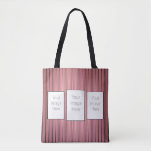 Your 3 Custom Photos with Modern Pink Stripes Tote Bag