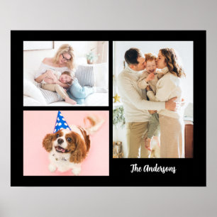 Your 3 Family Photos & Name on Black Poster