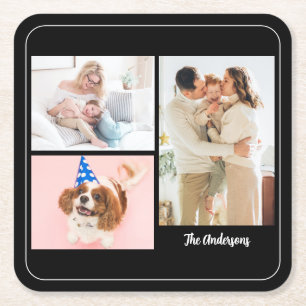 Your 3 Family Photos & Name on Black, White Border Square Paper Coaster
