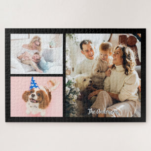 Your 3 Family Photos & Script Name on Black Jigsaw Puzzle