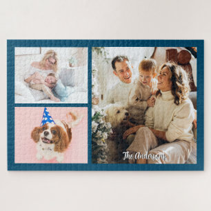Your 3 Family Photos & Script Name on Ocean Blue Jigsaw Puzzle