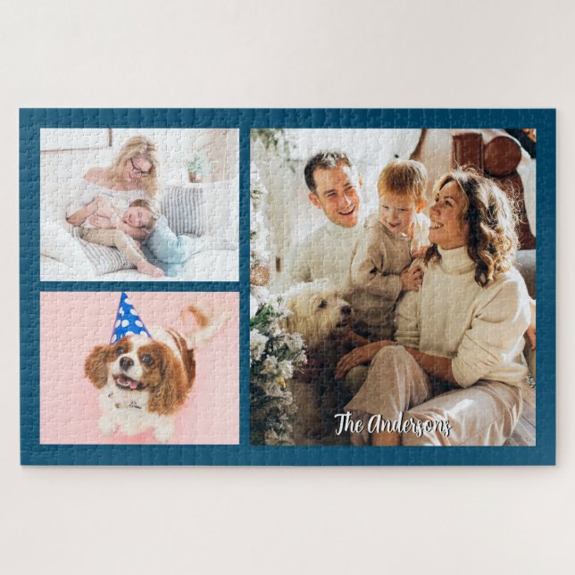 Your 3 Family Photos & Script Name on Ocean Blue Jigsaw Puzzle (Horizontal)