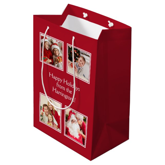 YOUR 4 PHOTOS & CUSTOM TEXT medium gift bag (Back Angled)